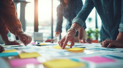 The collaborative brainstorming session with colorful post-it notes and engaged team members.