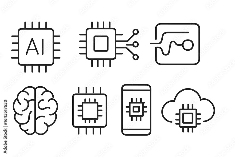 Poster illustration of artificial intelligence concepts with various chip designs and representations of br