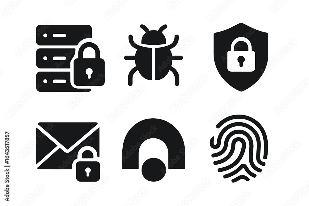 Poster security icons illustrating data protection, malware detection, and privacy features in technology