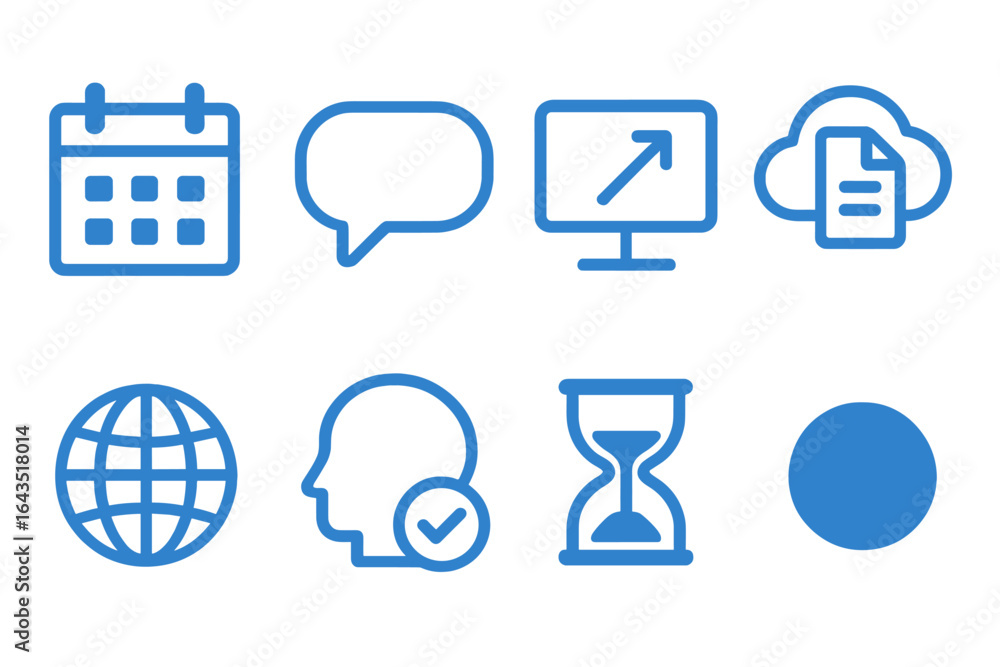 Poster abstract icons representing time management, communication, and technology in a modern workspace set