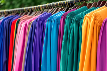 Fototapeta premium - Row of colorful shirts hanging on a rack in front of a backdrop of trees. Commercial illustration artwork for business applications. High-resolution. Premium quality. Professional.