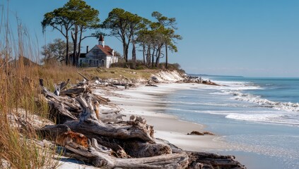 Coastal Cottage, Beach Erosion, Driftwood, Sunny Day, Ocean View, Vacation Home
