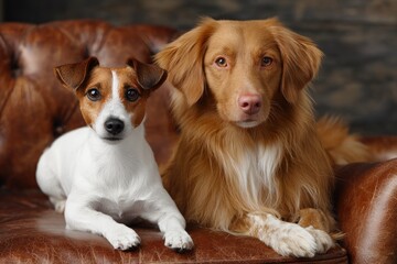 Two dogs a Jack Russell and a golden retriever lie on a brown leather tufted couch looking directly at the viewer