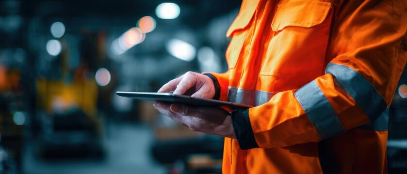 The worker using a tablet in a busy industrial environment - Powered by Adobe