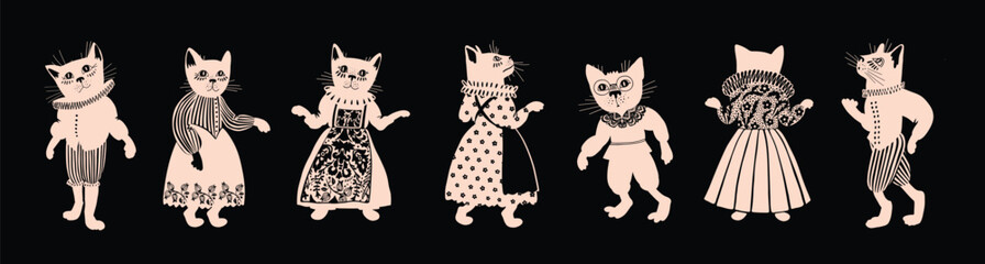 Medieval Cats in Vintage Costumes Vector, Halloween Black Cat Illustration