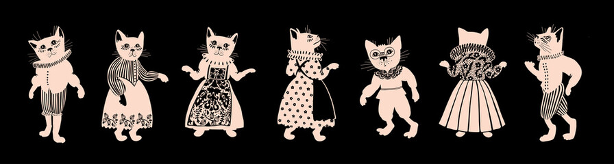 Medieval Cats in Vintage Costumes, Halloween Black Cat Illustration