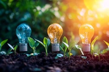  - Three light bulbs growing out of the ground, surrounded by lush green plants. Commercial illustration artwork for business applications. High-resolution. Premium quality. Professional.
