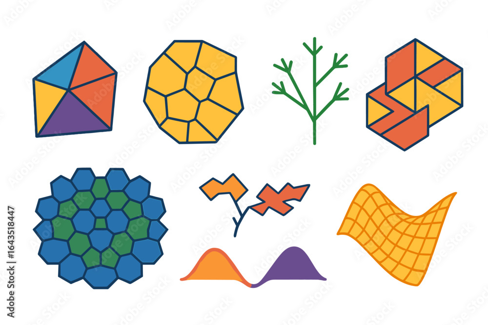 Poster creative geometric shapes and patterns displayed in vibrant colors on a white background