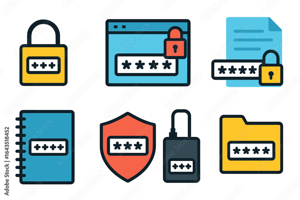 Poster multiple icons representing password security and protection in digital settings for online safety a