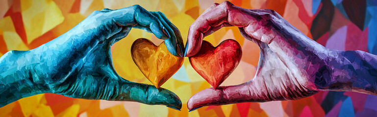  - Two hands making a heart shape with their fingers, painted in vibrant colors against a colorful background. Commercial illustration artwork for business applications. High-resolution.
