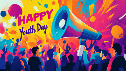  - Group of people gathered around a megaphone with the words "Happy Youth Day" written on it. Commercial illustration artwork for business applications. High-resolution. Premium quality.