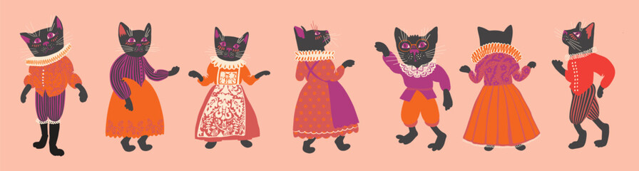 Medieval Cats in Vintage Costumes Vector, Halloween Black Cat Illustration