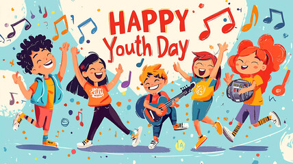  - Poster with a group of children running and playing musical instruments, with the words "Happy Youth Day" written across the top. Commercial illustration artwork for business.