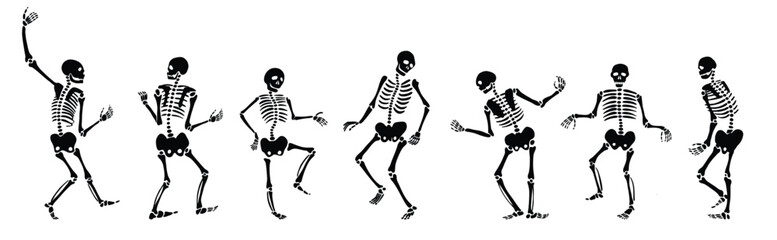 Dancing Skeletons Vector Illustration, Retro Halloween Party Bones Clipart