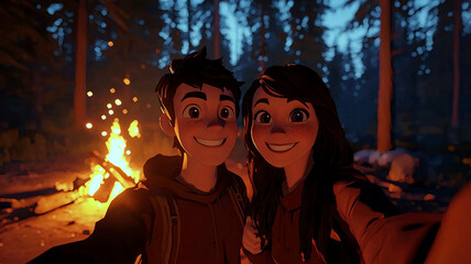  - Man and woman standing next to each other in front of a campfire, surrounded by trees and a clear blue sky. Commercial illustration artwork for business applications. High-resolution.