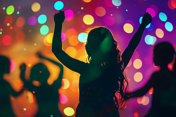  - Silhouette of a woman dancing at a party with her arms raised in the air, surrounded by a group of people and illuminated by colorful lights in the background. Commercial illustration.