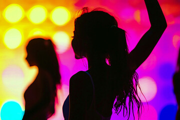  - Group of women dancing at a party, illuminated by colorful lights in the background. Commercial illustration artwork for business applications. High-resolution. Premium quality.
