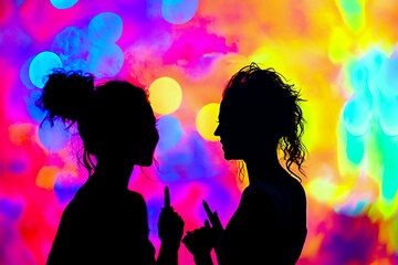  - Two silhouettes of two women standing next to each other in front of a colorful background. Commercial illustration artwork for business applications. High-resolution. Premium quality.