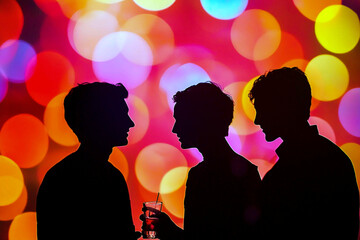  - Three people standing next to each other at a party, each holding a glass with a straw in it. Commercial illustration artwork for business applications. High-resolution. Premium.