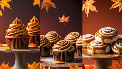 Festive advertising banner showcasing pumpkin spice cupcakes, maple cookies, cinnamon rolls, caramel apple treats, surrounded by autumn leaves and bold lettering, perfect for cozy seasonal promotion