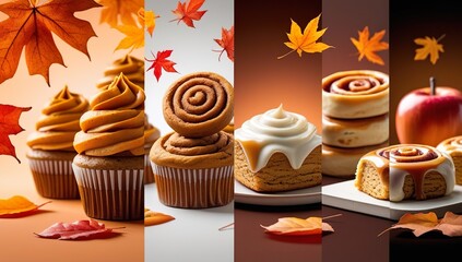 Colorful fall-themed promo design with pumpkin spice cupcakes, maple cookies, cinnamon rolls, caramel apple desserts, floating autumn leaves, and striking typography for a festive seasonal campaign.