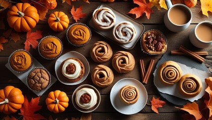 Seasonal food advertisement concept — rich collage of pumpkin spice, maple cookies, cinnamon pastries, caramel apple sweets on warm autumn gradient with leaves, bold typography, cinematic lighting
