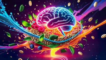Stunning fiber-rich food explosion around radiant brain and digestive system outline, symbolizing gut-brain connection, TikTok fibremaxxing trend, neon highlights, detailed wellness-themed composition