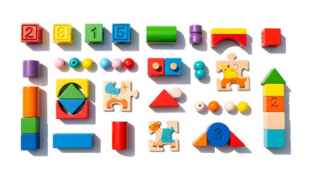 Colorful collection of educational wooden and plastic building blocks, puzzle pieces, and beads on a white background, perfect for childhood learning and creative play.
