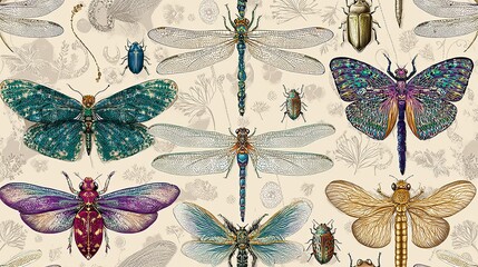 Colorful illustrations of various insects with intricate patterns and designs on a soft background.