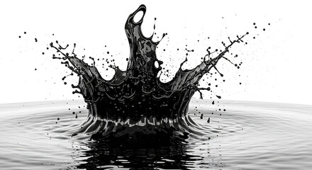 Glossy black crude oil splashing upwards creating a dynamic crown shape with droplets and reflections.