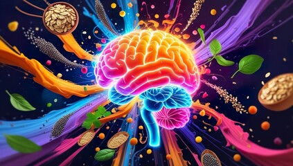 Ultra-detailed vibrant concept art of TikTok “fibremaxxing” trend with colorful high-fiber foods swirling around glowing brain and gut outline, symbolizing wellness, mental clarity, and gut health