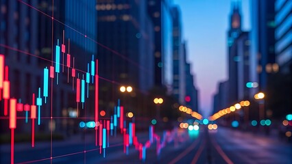 A dynamic stock market chart with glowing blue and red elements on a dark background