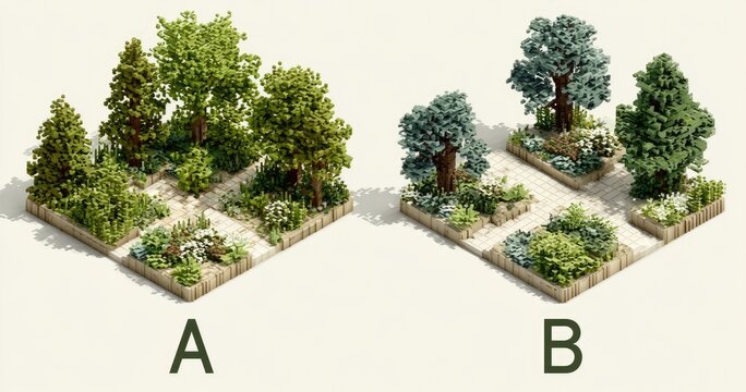 Two isometric voxel garden designs, A and B, showcasing different tree and plant arrangements within a gridded layout.  Each features light beige/tan paths and various shades of green foliage