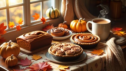 Warm, inviting fall kitchen with pumpkin spice loaf, maple cinnamon rolls, caramel apple pie, scattered autumn leaves, and steaming chai, bathed in golden light, illustrated in a cozy hygge style.