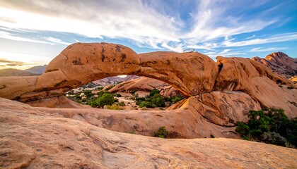 Spectacular desert landscape featuring a natural rock arch formation at sunset