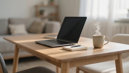 Laptop with notebook and coffee cup