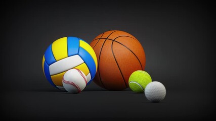 Set of sport balls on black background. 3d animation