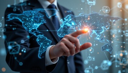 Businessman in a tailored suit, partially visible, subtly interacting with holographic interface