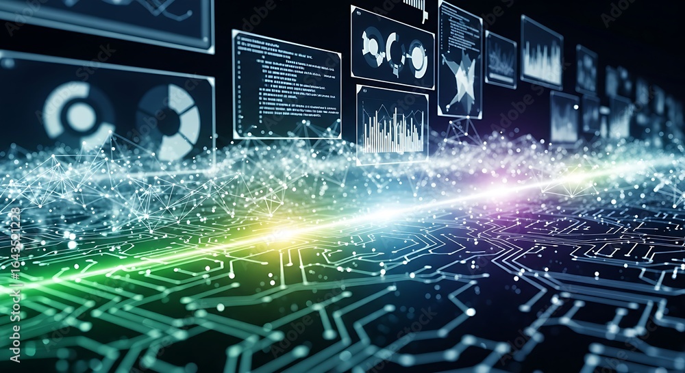 Poster abstract technology background with circuit board, data charts, and network connections displayed