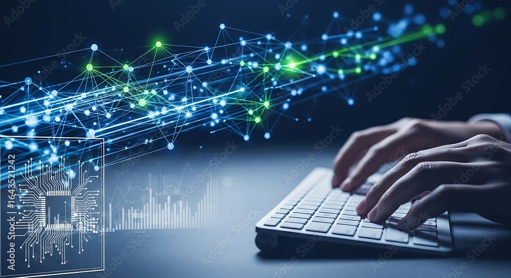 Poster hands typing on keyboard with digital network and circuit board illustration overlaying the image