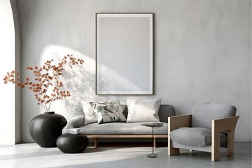 Contemporary Interior with Blank Frame Mockup Above Sofa for Art Presentation and Home Styling