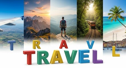 Travel and adventure concept collage with diverse destinations including mountains, forests, tropical beaches, and airplane flight.