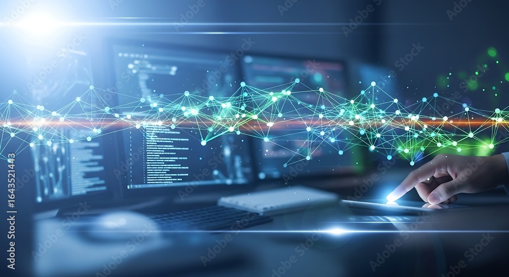 Aufkleber digital network interface on computer screens with hand interacting with the technology