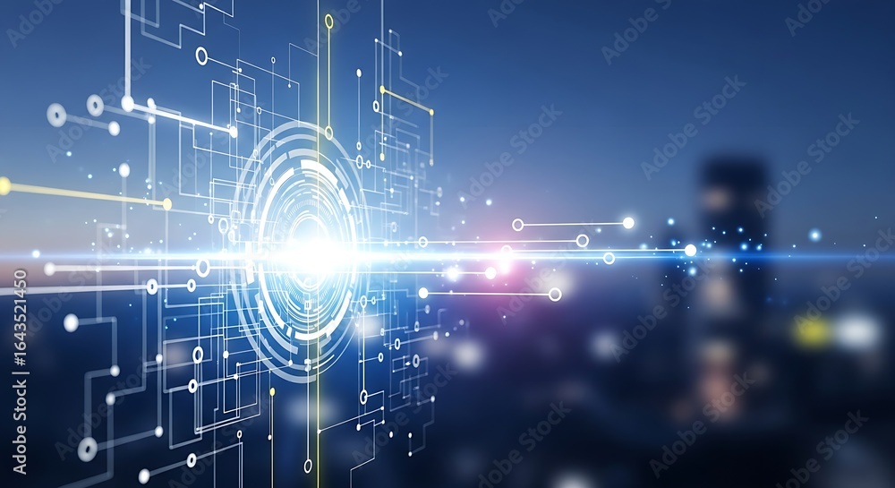 Poster abstract technology background with glowing lines and circles against a blurred cityscape view