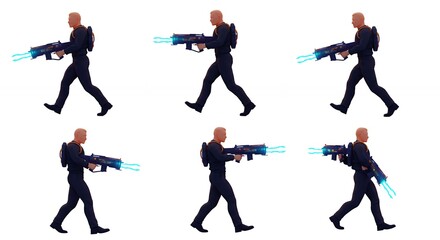 Futuristic person walking with energy gun animation frames