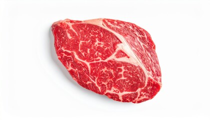 Obraz premium High-quality raw marbled beef steak on a white background, highlighting texture and freshness for culinary applications.