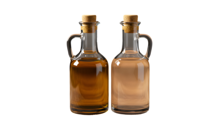 Two glass bottles, one clear liquid and one brown, with corks rest against a black background. For product staging or branding.