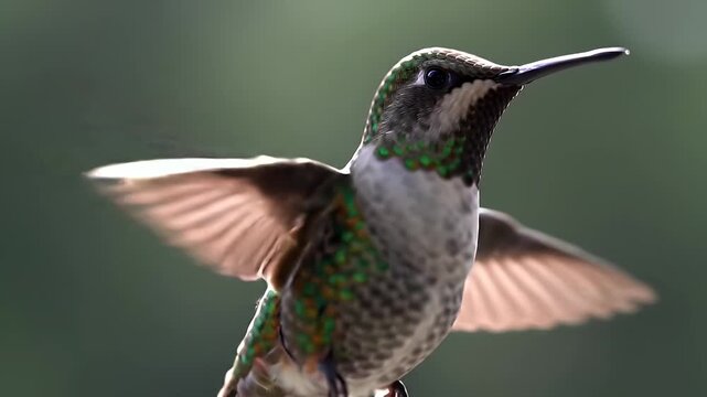 A hummingbird in flight, wings outstretched, showcasing iridescent green feathers on its throat and back against a blurred green background.  Its long beak is pointed slightly upward