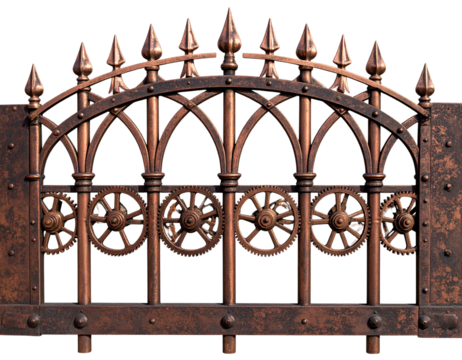 Intricate Steampunk Fence with Brass Gears and Pipes, isolated on transparent background.