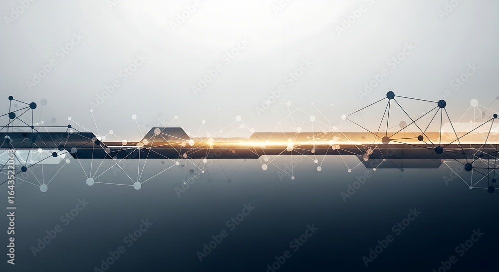 Poster abstract network connecting dots with geometrical shapes on a gradient background design element